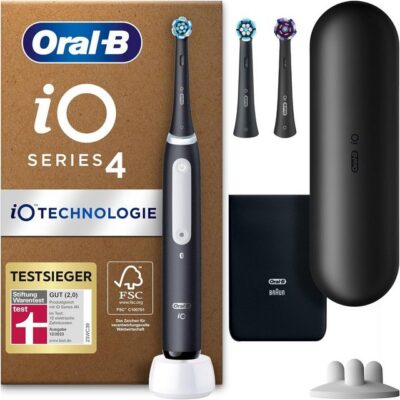 Oral-B Elektrische Zahnbürste Oral-B iO Series 4 Plus Edition Elektrische Zahnbürste, Matt-Schwarz, Aufsteckbürsten: 3 St., Handstück, Aufsteckbürsten (Halterung), Reiseetui, Ladestation, Mikrovibrations-Technologie, Gum Guard-Technologie